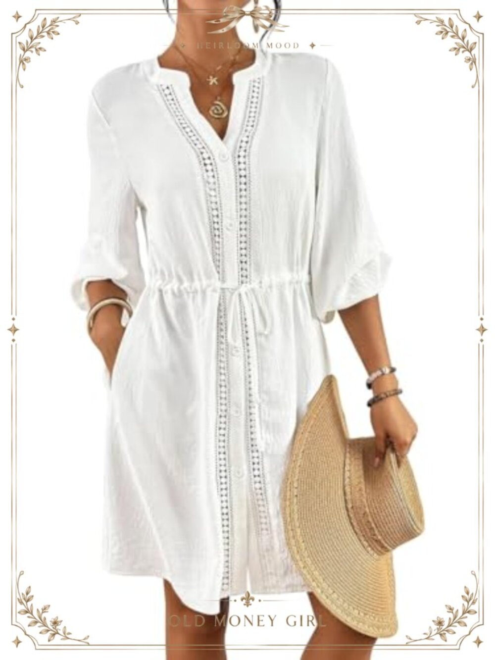 V Neck Button Down Swimsuit Coverup with Pockets Drawstring Beach Shirt